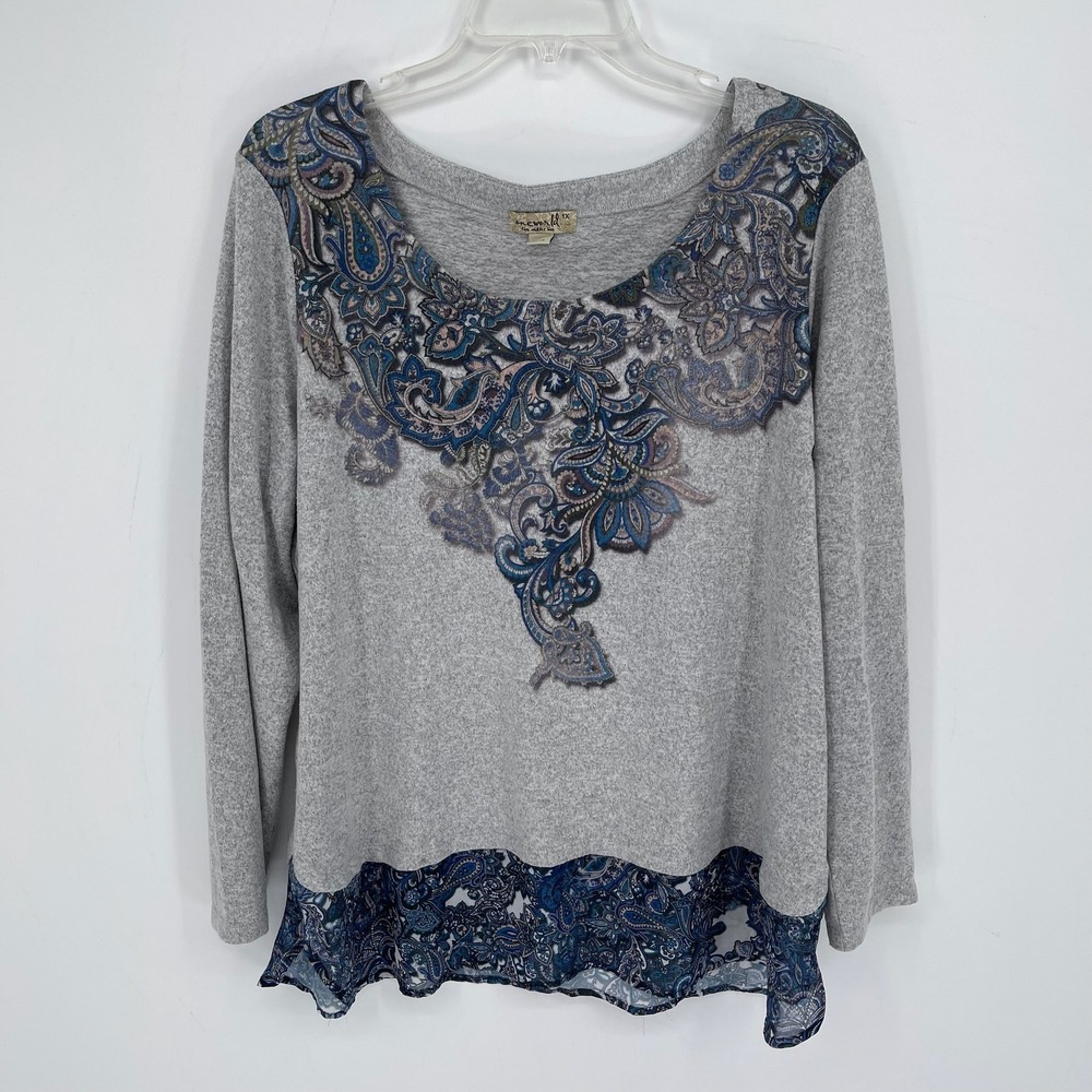 One World Women's Gray Paisley Mixed Media Chiffon Trim Knit Top Blouse Size 1X